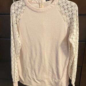 Miholl Ivory Waffle Knit Top with Lace Raglan Sleeves